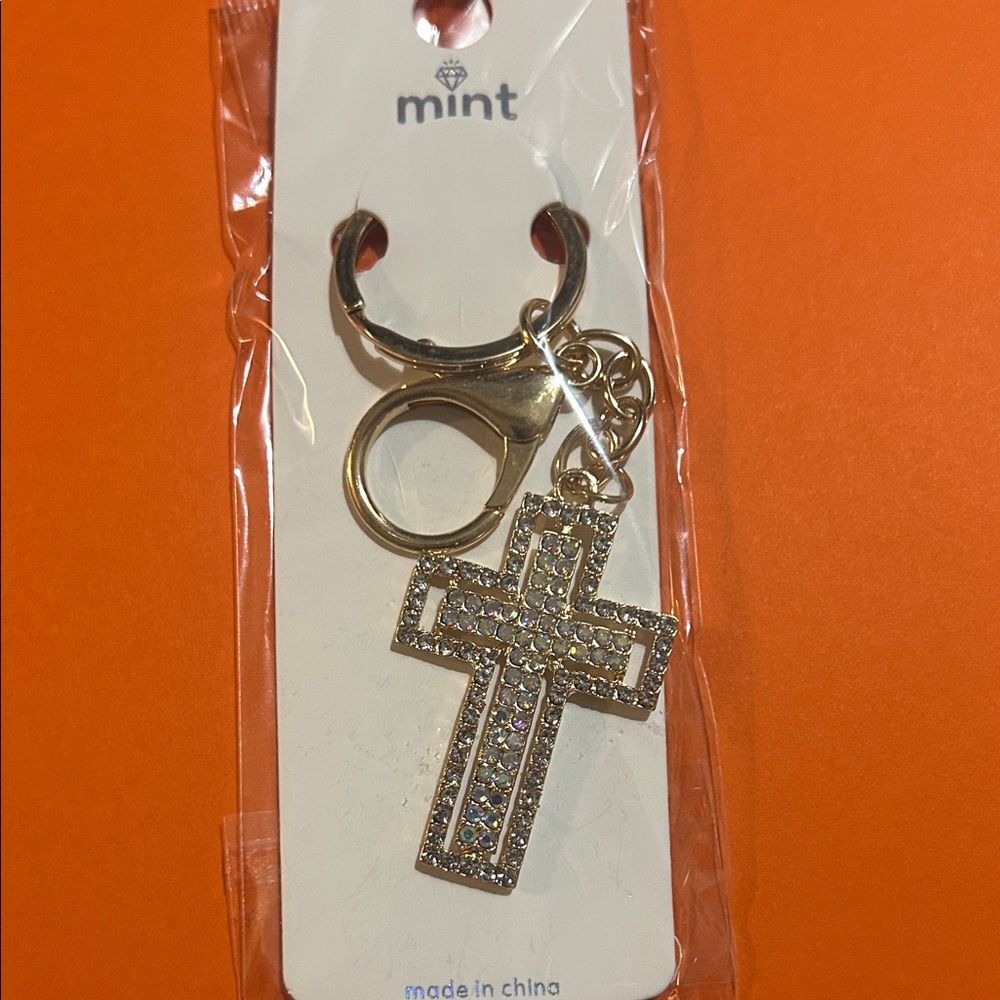 Mint Gold Crystal Cross Keyring or bag charm